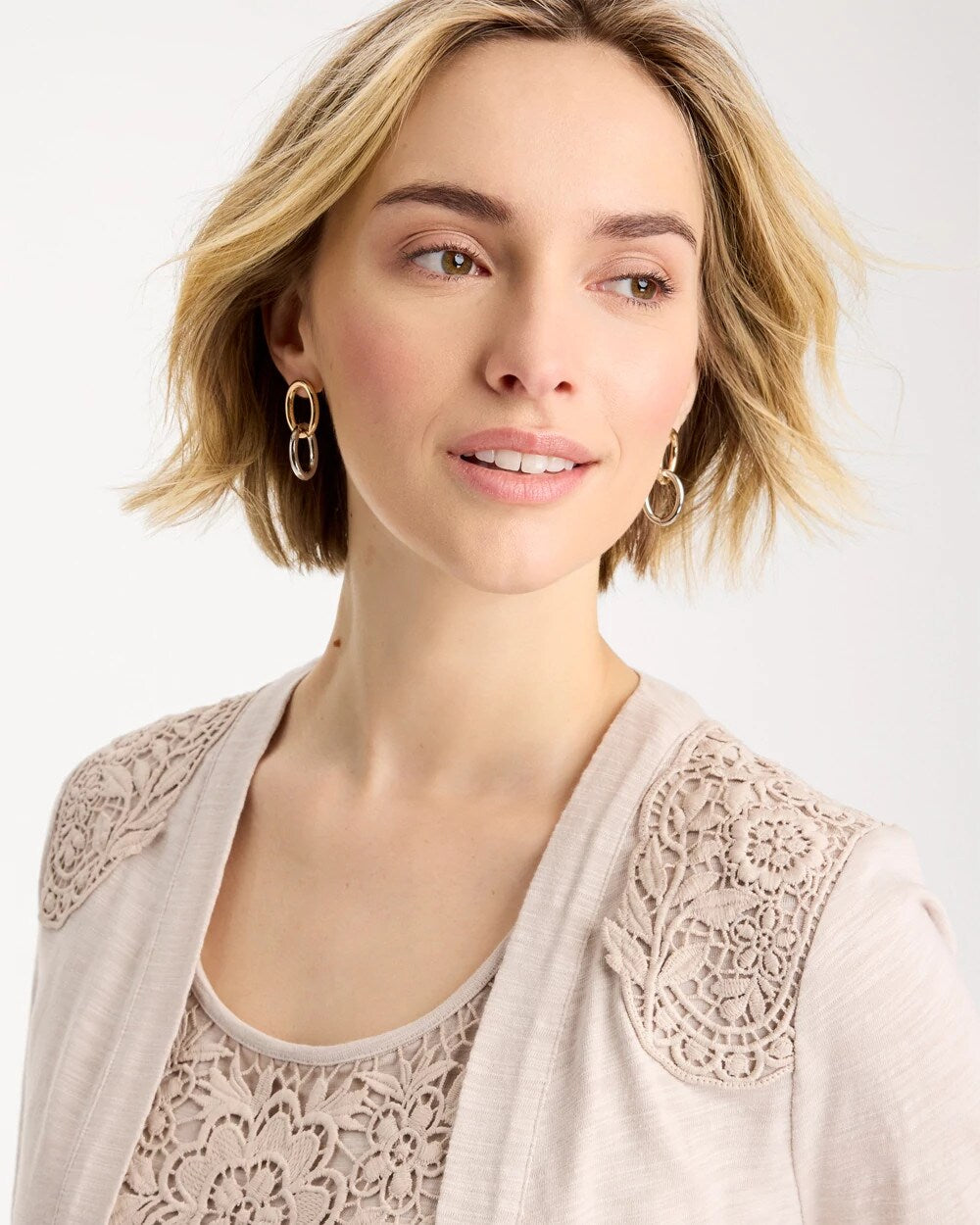 Embroidered Cotton Slub 3/4 Sleeve Cardigan