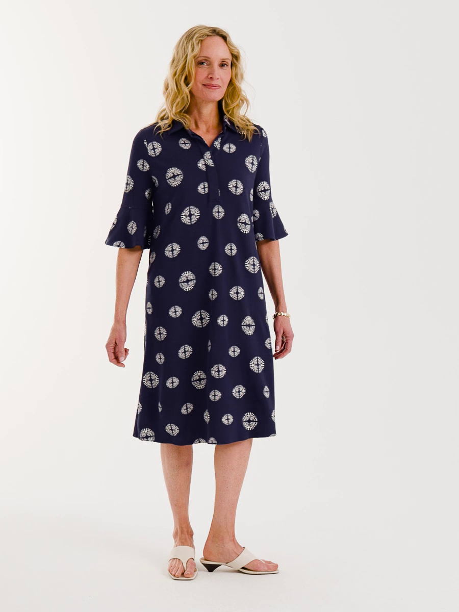 Printed Ponte Flounce Sleeve Dress