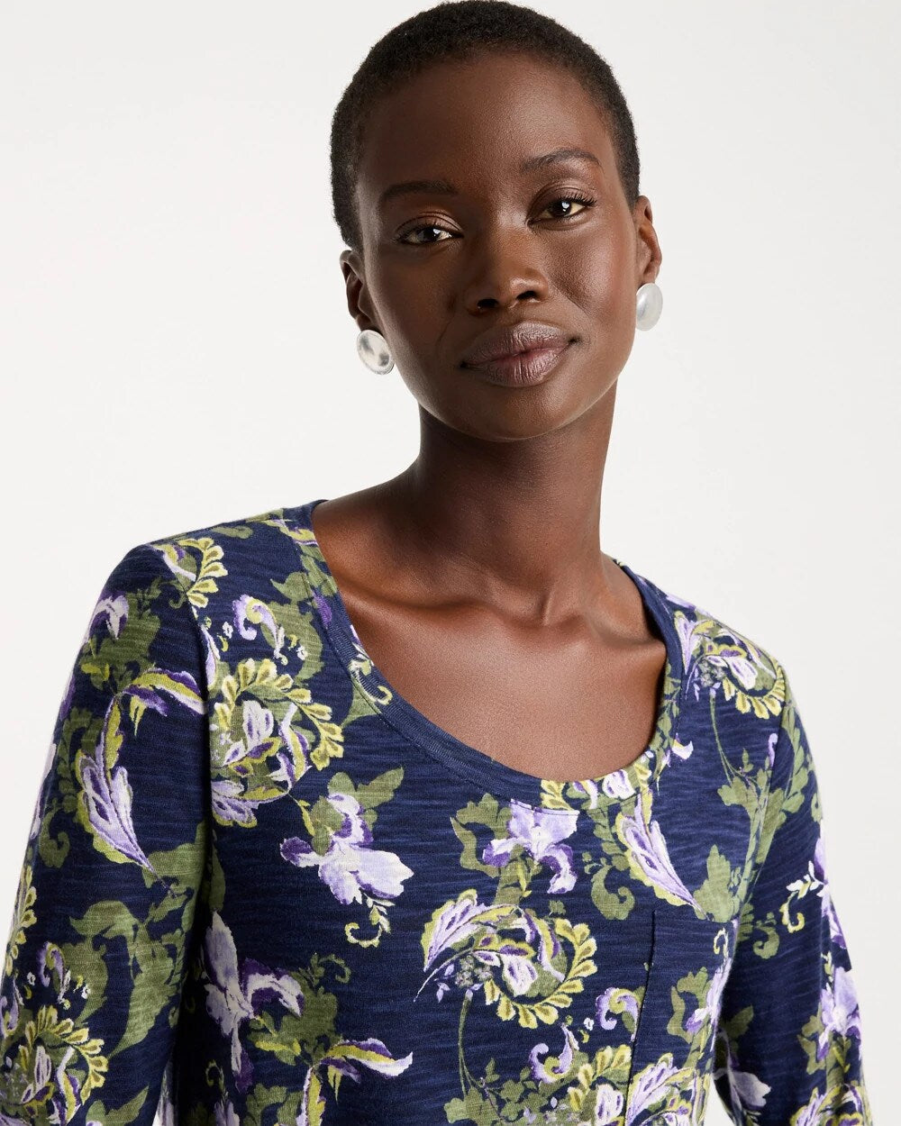 Floral Cotton Slub 3/4 Sleeve Tee