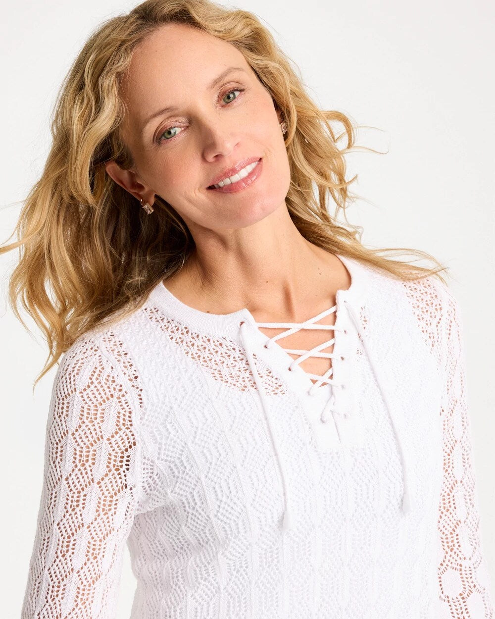 Cotton-Linen Lace Notch-Neck Sweater