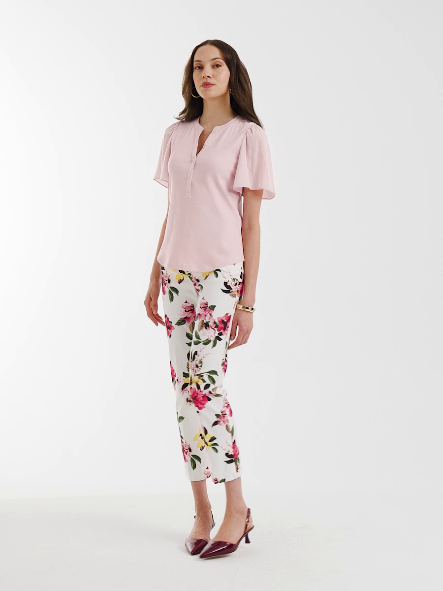 Rib Knit Woven Flutter Sleeve Tee