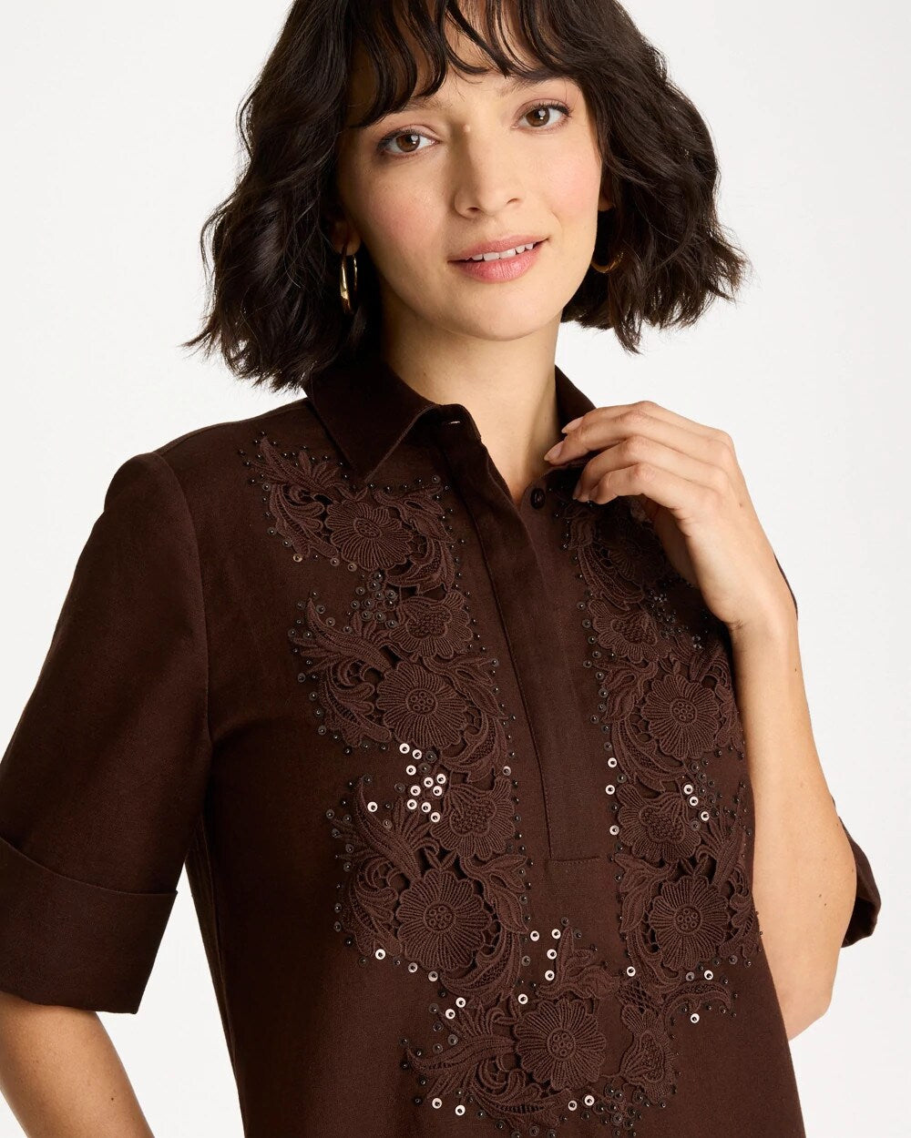 Embellished Linen Popover Dress