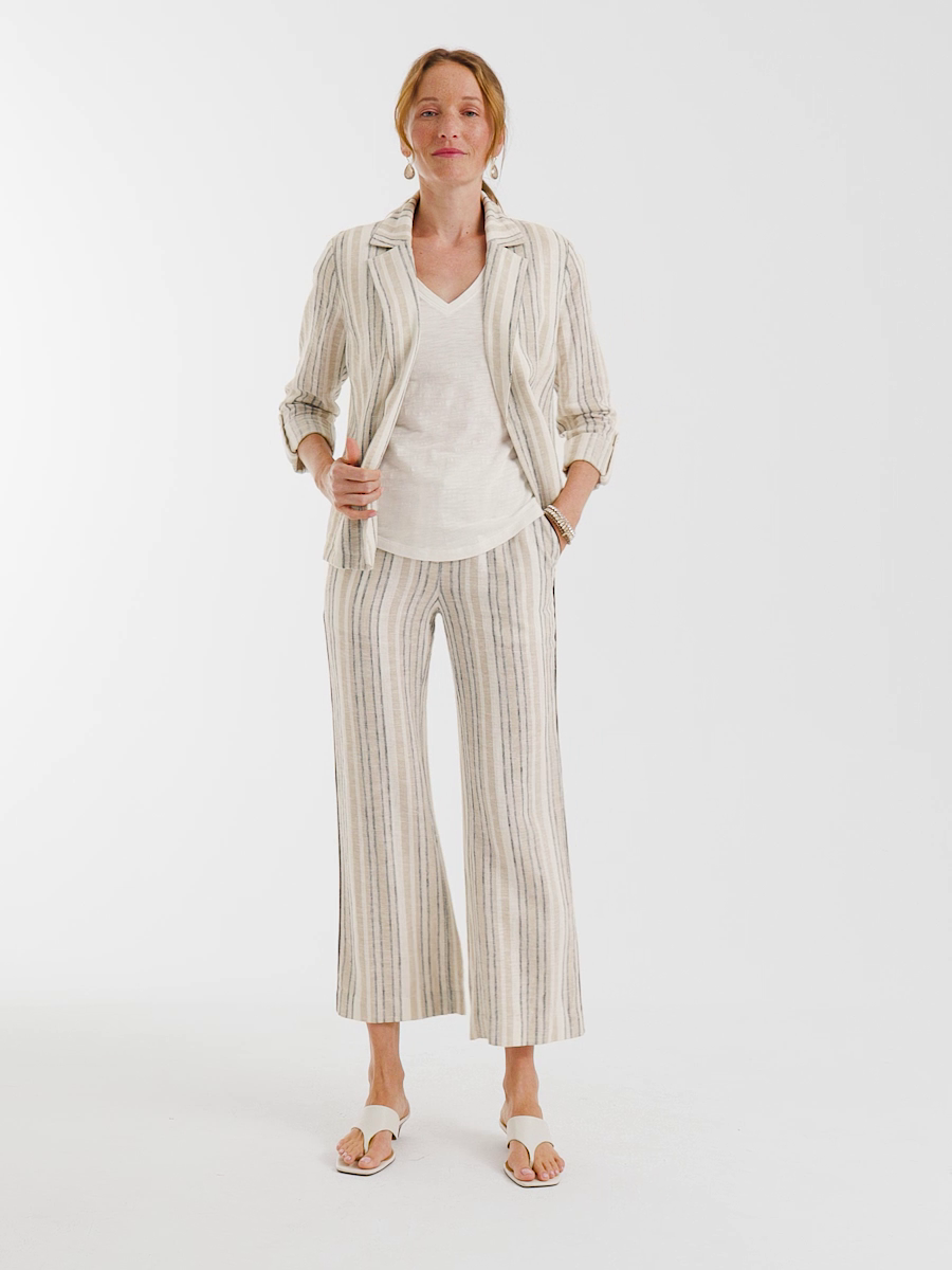 Striped Piped Linen Fly Front Pants