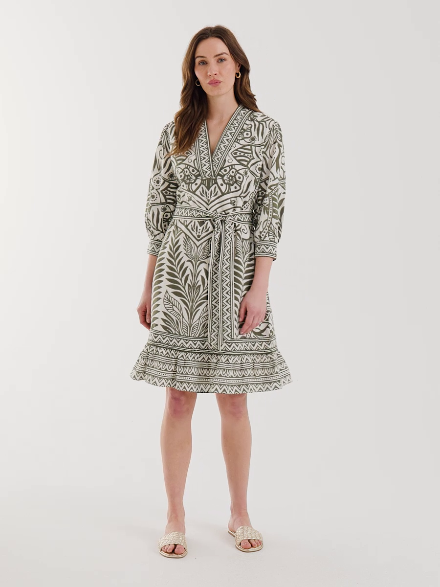 Printed Cotton-Linen Belted Dress