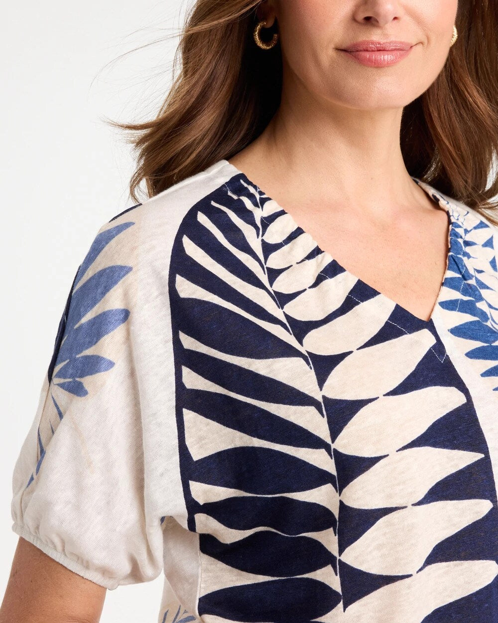 Leaf Print Linen Ruched V-Neck Tee