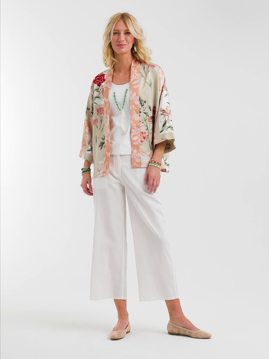 Ribbed Waist Linen Blend Straight-Leg Cropped Pants
