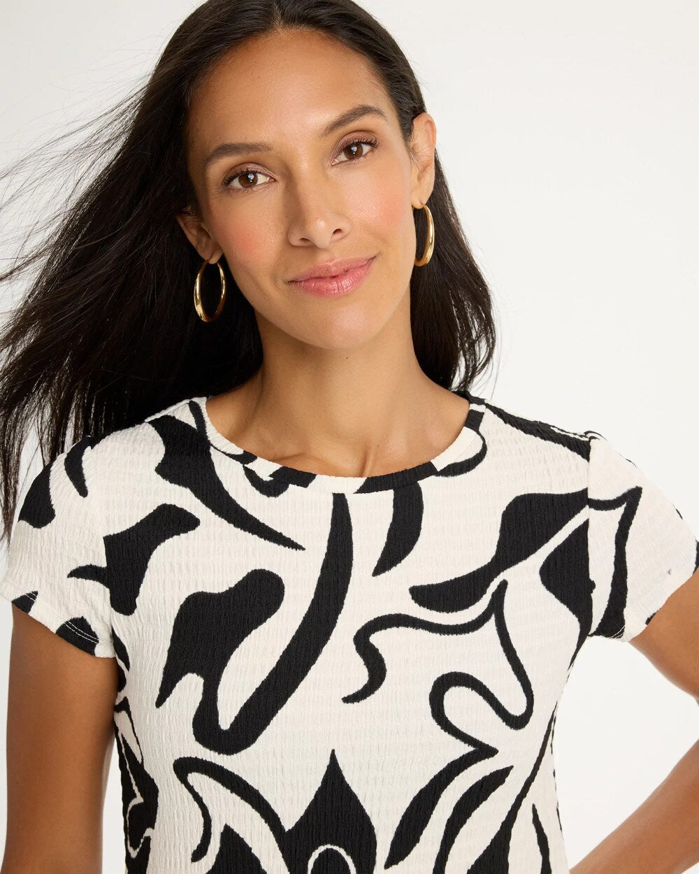 Printed Textured Knit Cap Sleeve Tee