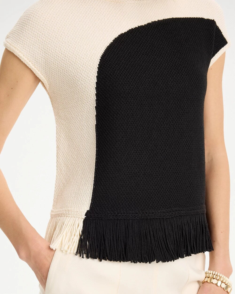Colorblock Intarsia Fringed Sweater