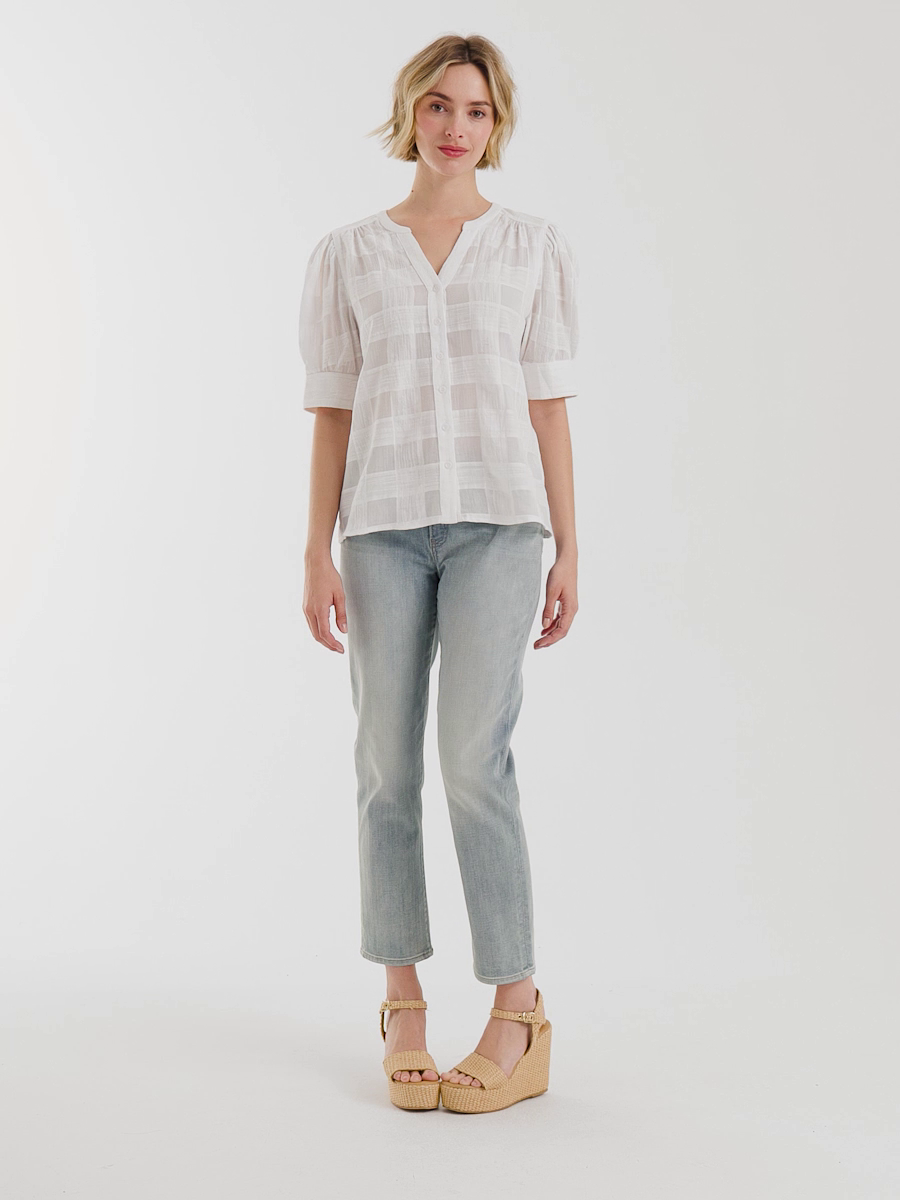 Cotton Plaid Elbow-Sleeve Shirt