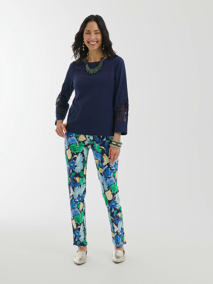 Brigitte Slub Floral Slim Ankle Pants