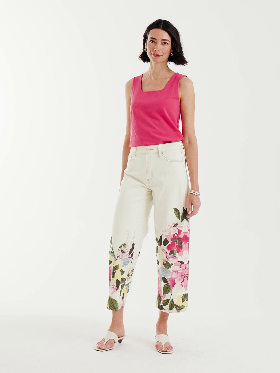 Printed Pull-On Wide Crop Jeans