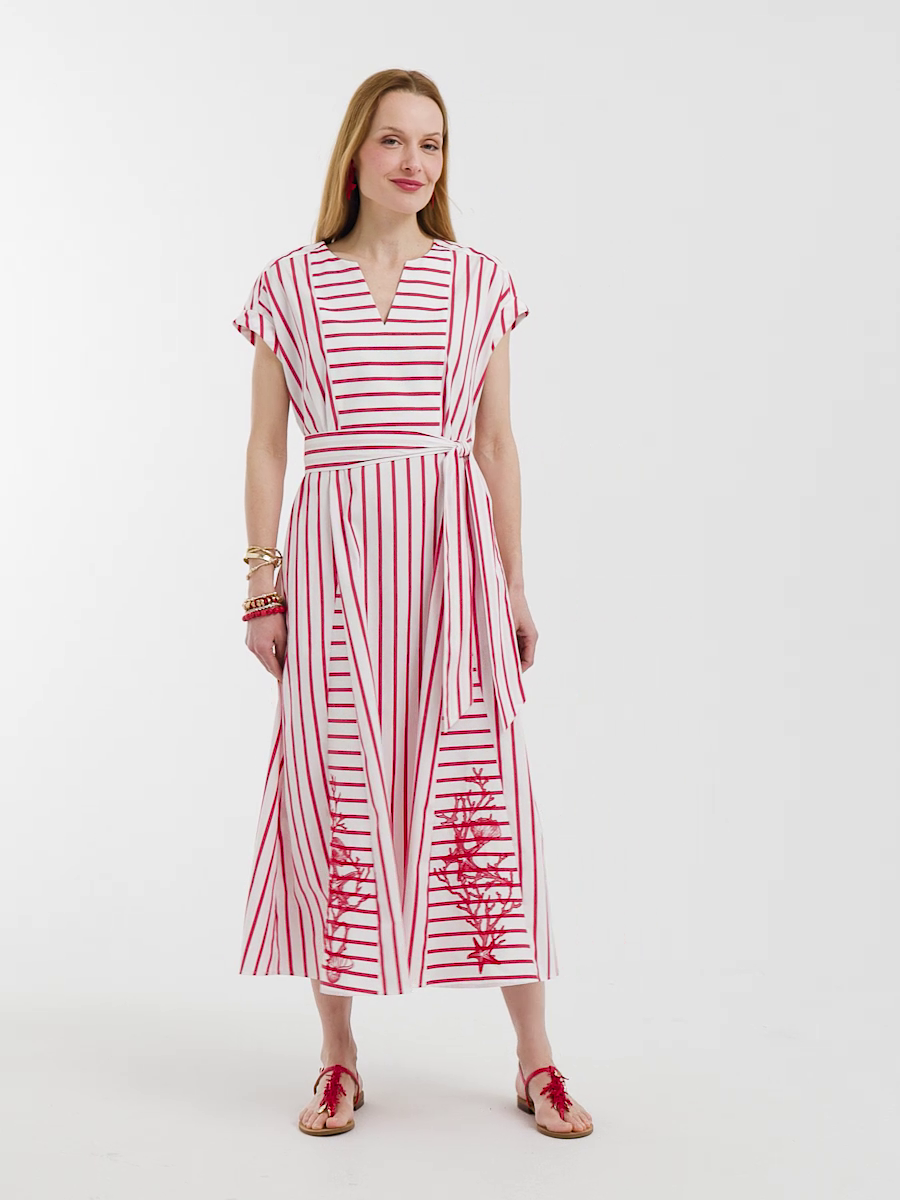 Embroidered Godet Striped Maxi Dress