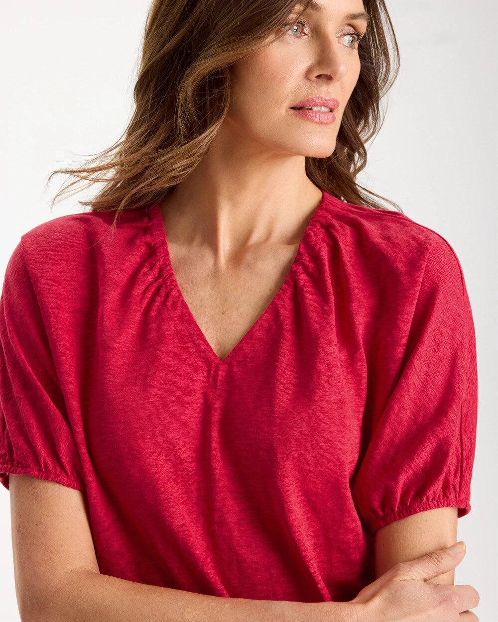 Linen Ruched V-Neck Tee