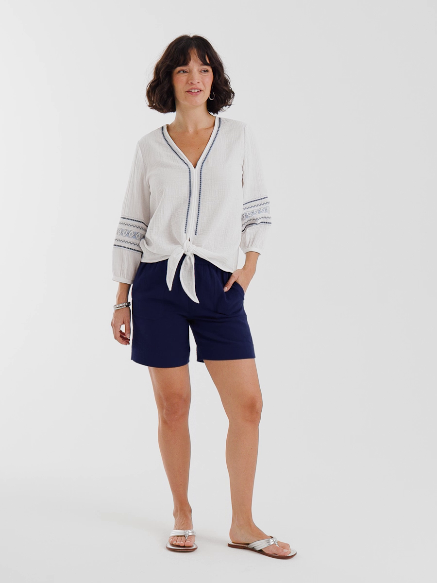 Cotton Gauze Embroidered Tie-Front Blouse