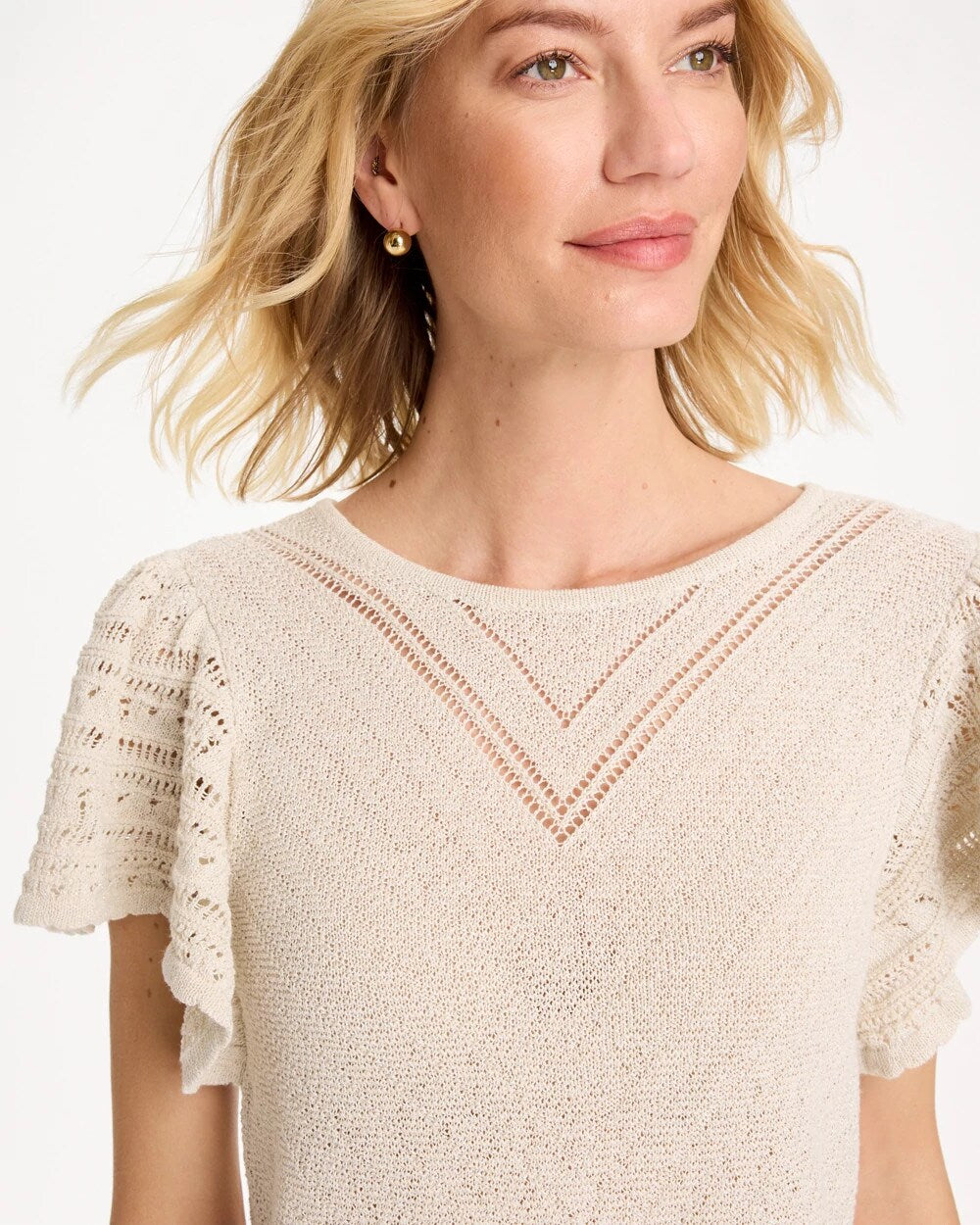 Pointelle Metallic Flutter-Sleeve Pullover