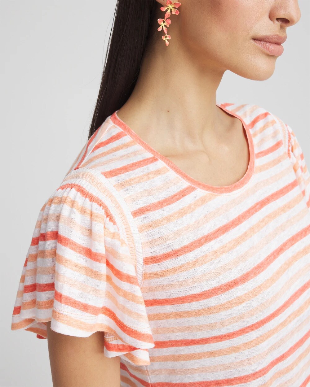 Striped Linen Smocked Flutter-Sleeved Tee