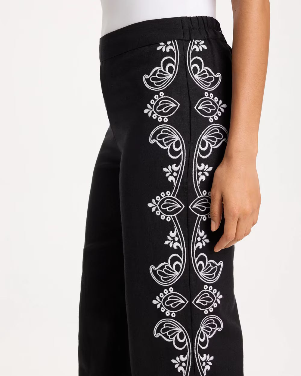 Embroidered Pull-On Wide-Leg Linen Pants