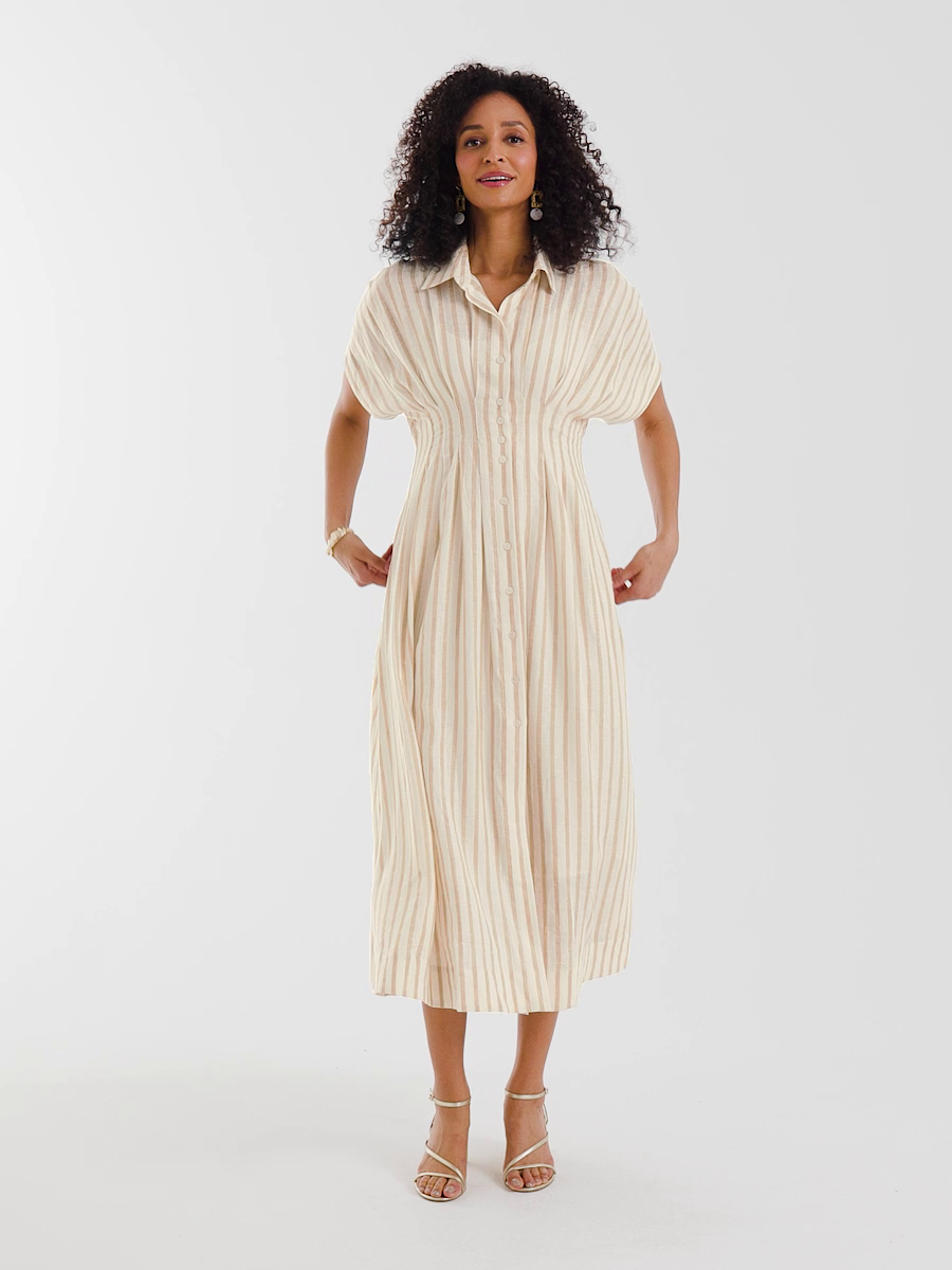Linen-Blend Metallic Striped Dress