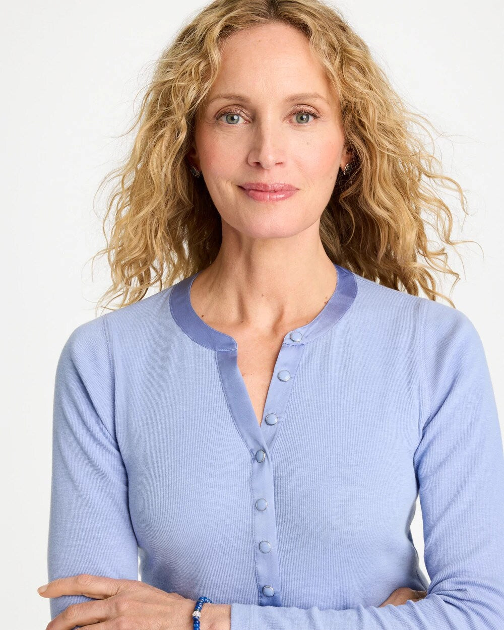 Satin Trim Ribbed Henley Tee