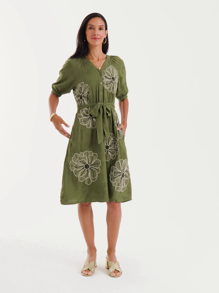 Embroidered Jacquard Belted Dress