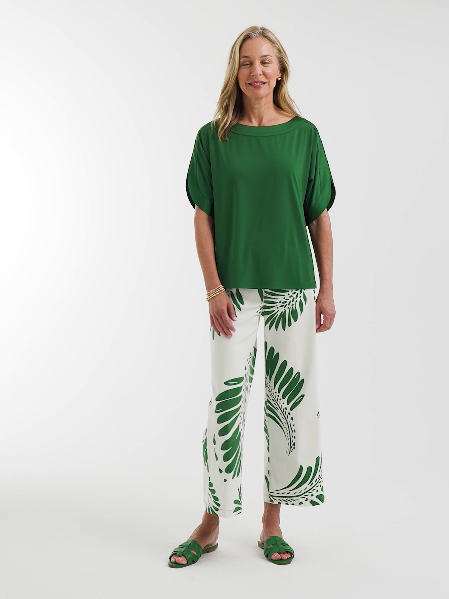 Palm-Frond-Motif Pull-On Wide-Leg Cropped Jeans