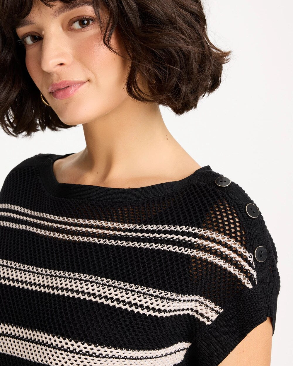 Striped Mesh Stitch Pullover Sweater