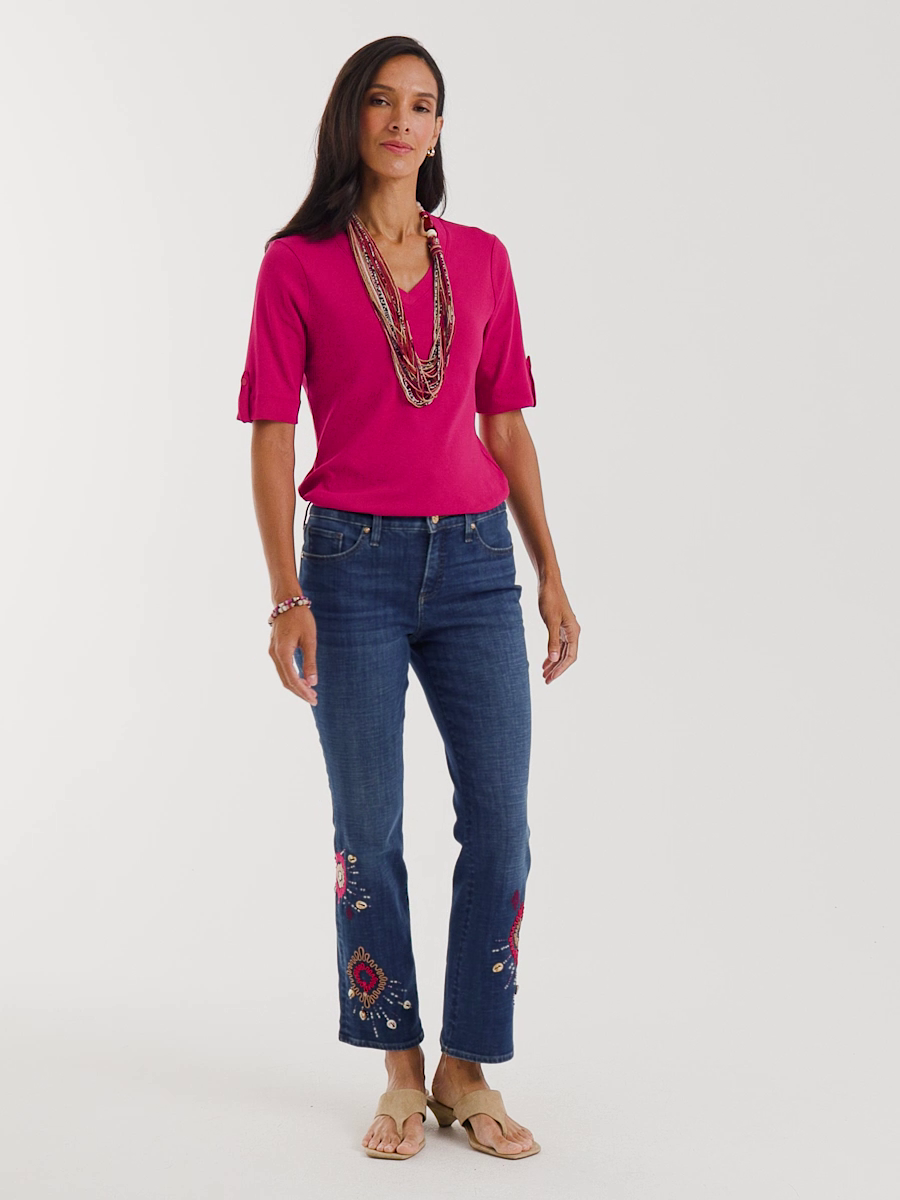 Girlfriend Tropical Soutache Flared Crop Jeans