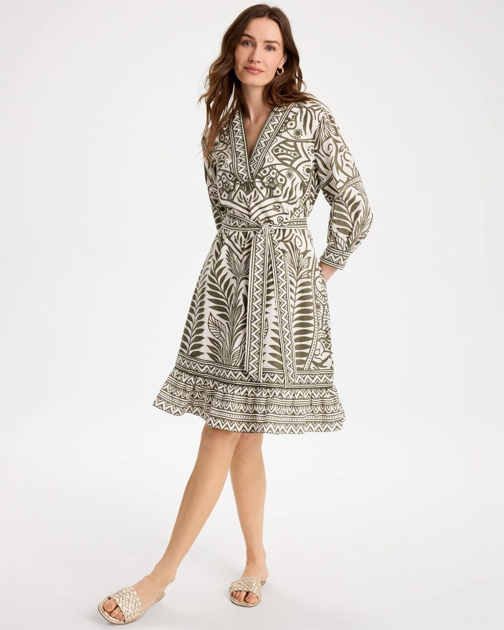Printed Cotton-Linen Belted Dress