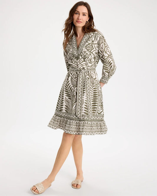 Printed Cotton-Linen Belted Dress