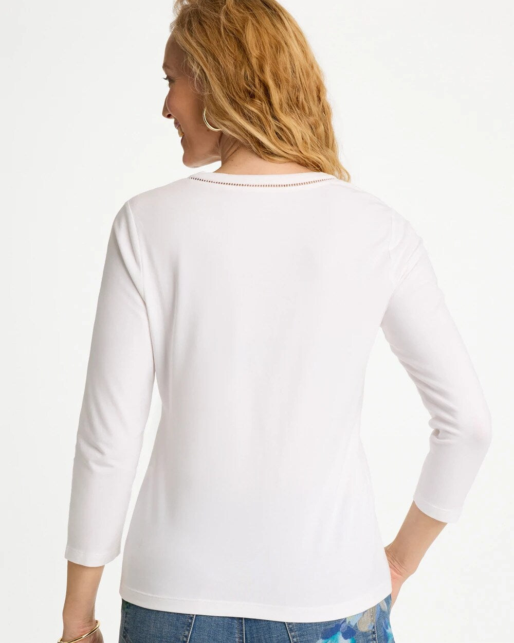 Trim Detail Cotton Stretch 3/4 Sleeve Tee