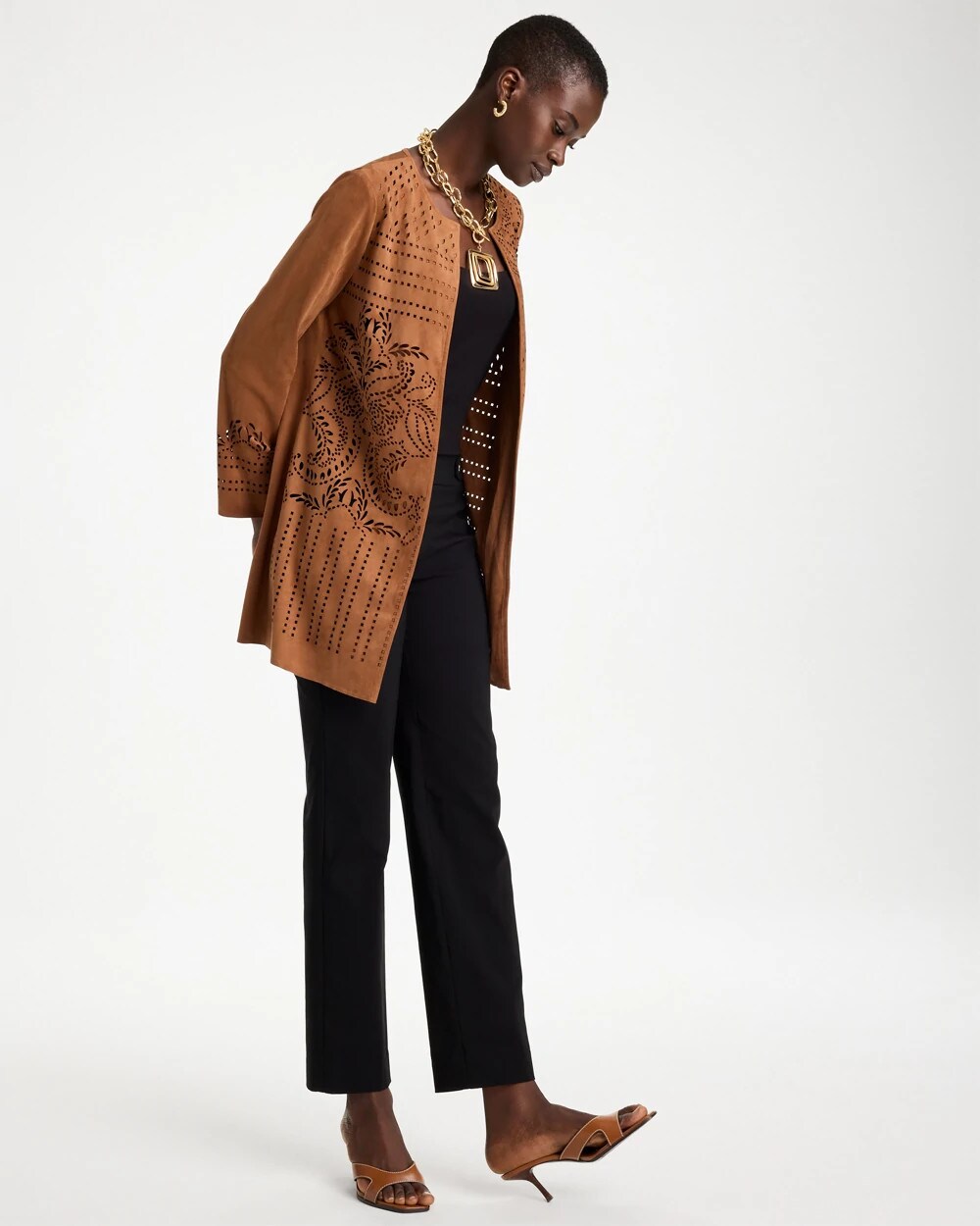 Faux Suede Cutwork Longline Jacket