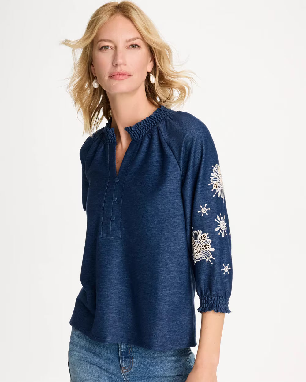 Embroidered Denim Henley Tee