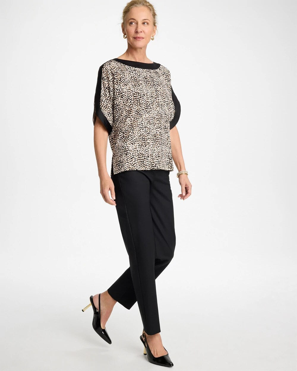 Printed Jersey & Satin Dolman Tee