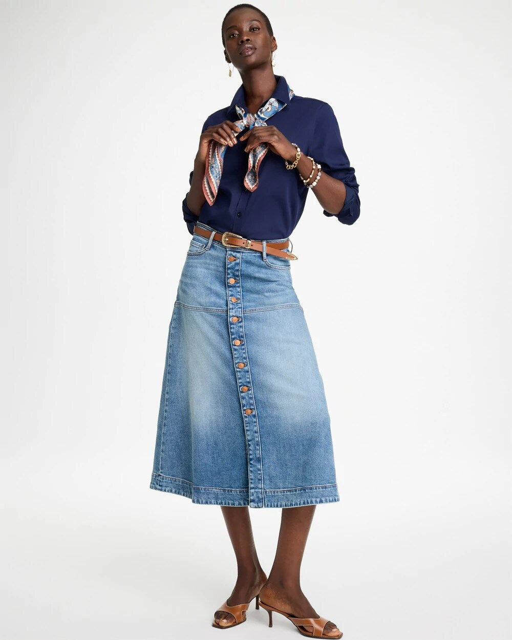 Drapey Denim Button Front Skirt