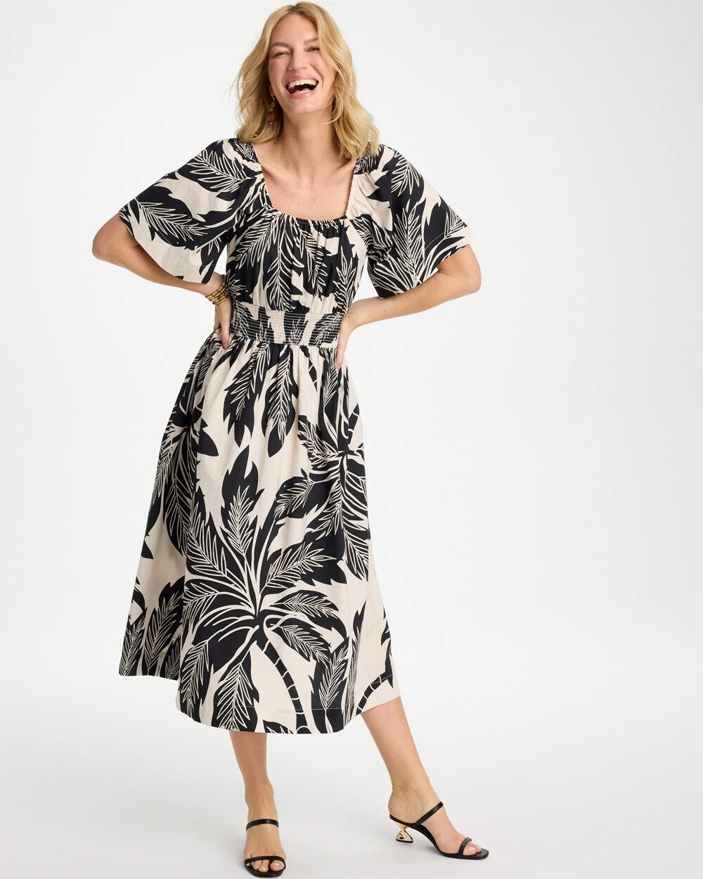 Poplin Cotton Palm Off-Shoulder Dress