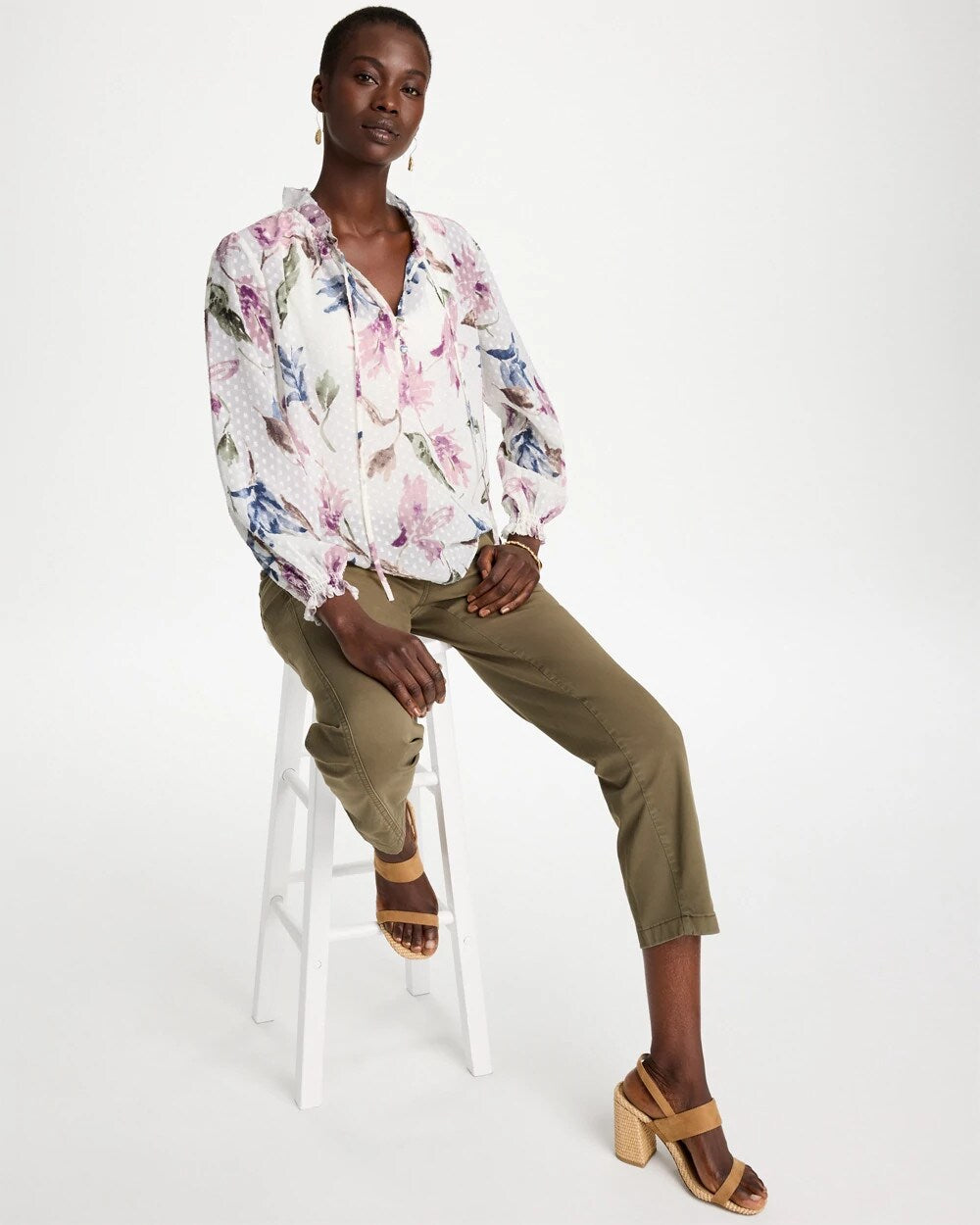 Clip Dot Floral Popover Blouse