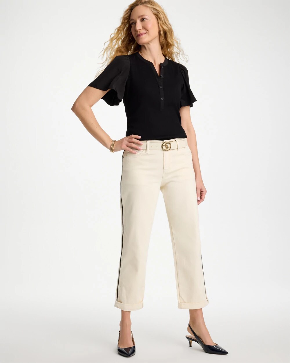 Rib Knit Woven Flutter Sleeve Tee