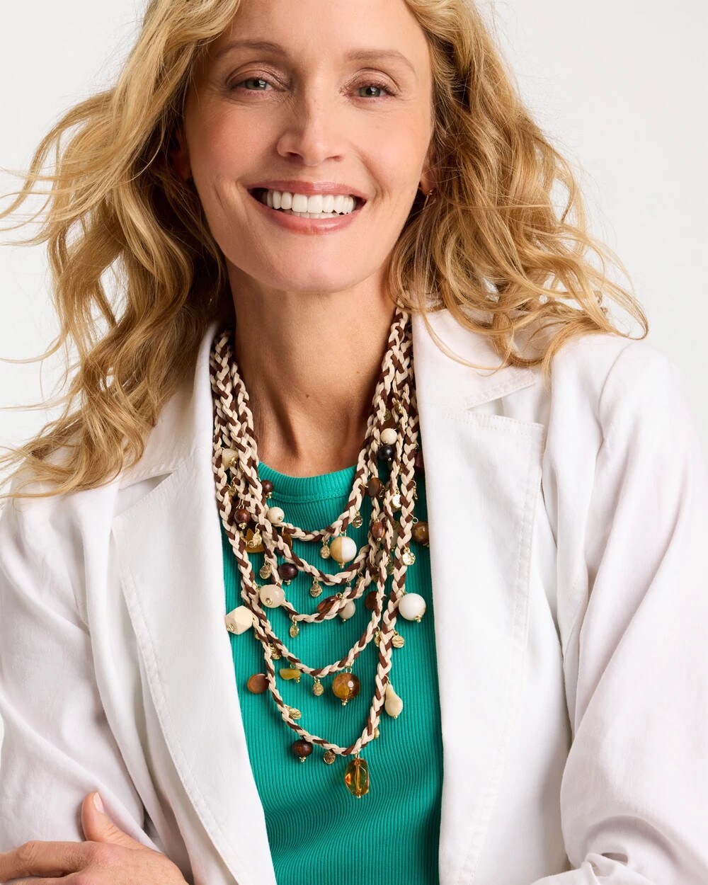 Neutral Beaded Layered Braided Necklace
