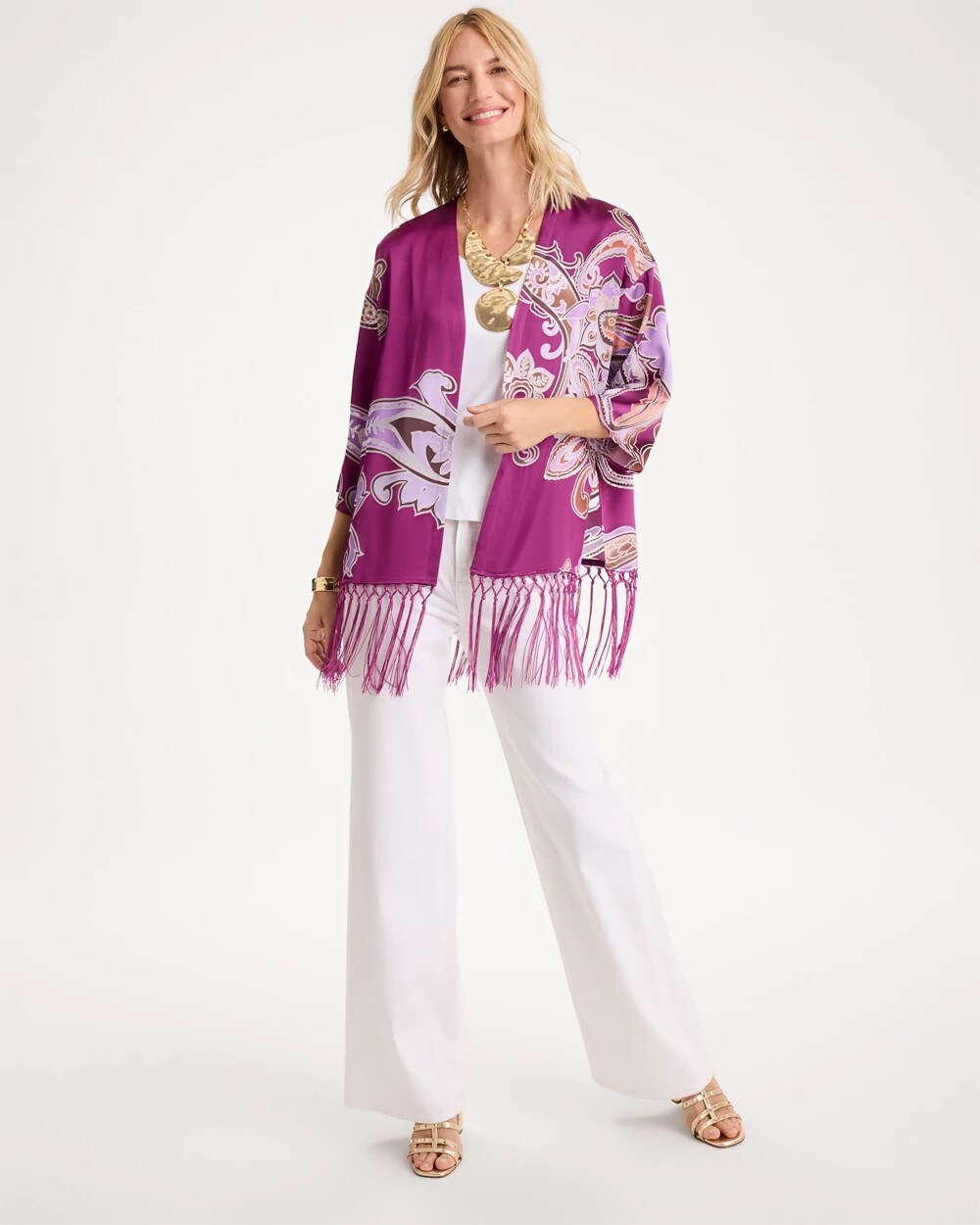 Fringed Burnout Satin Kimono