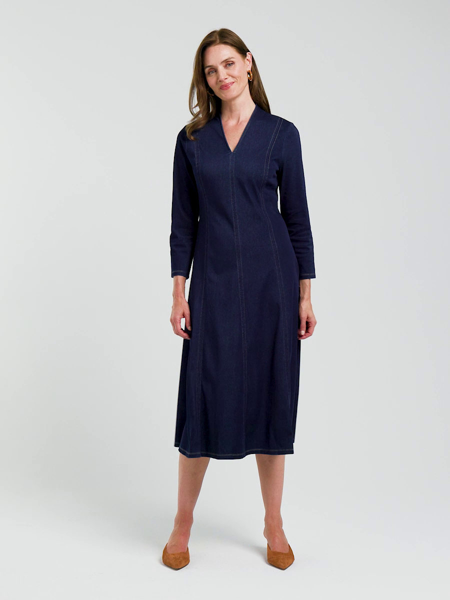 Knit Denim Seamed 3/4 Sleeve Dress