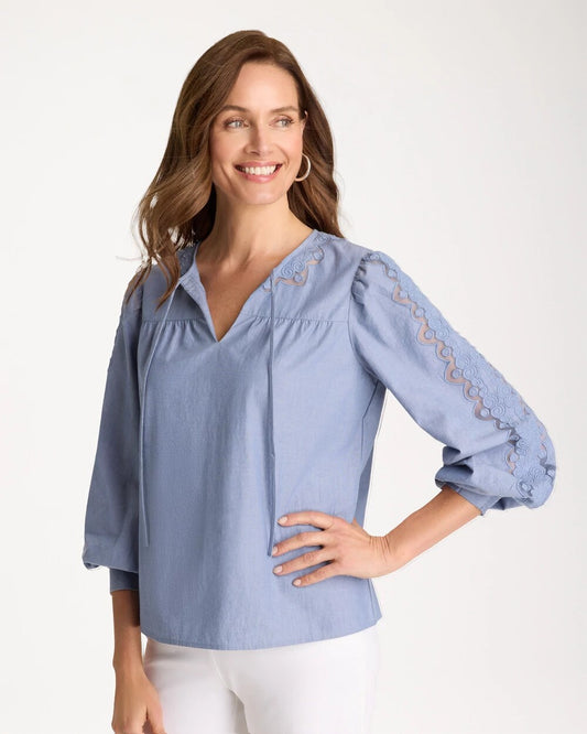 Chambray Lace Tie-Front Blouse