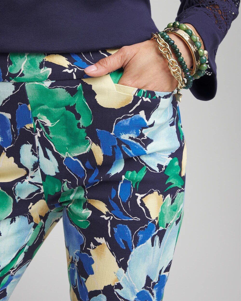 Brigitte Slub Floral Slim Ankle Pants