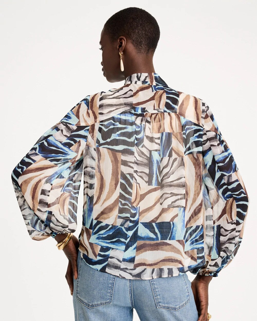Zebra Crinkle Chiffon Tie-Front Blouse
