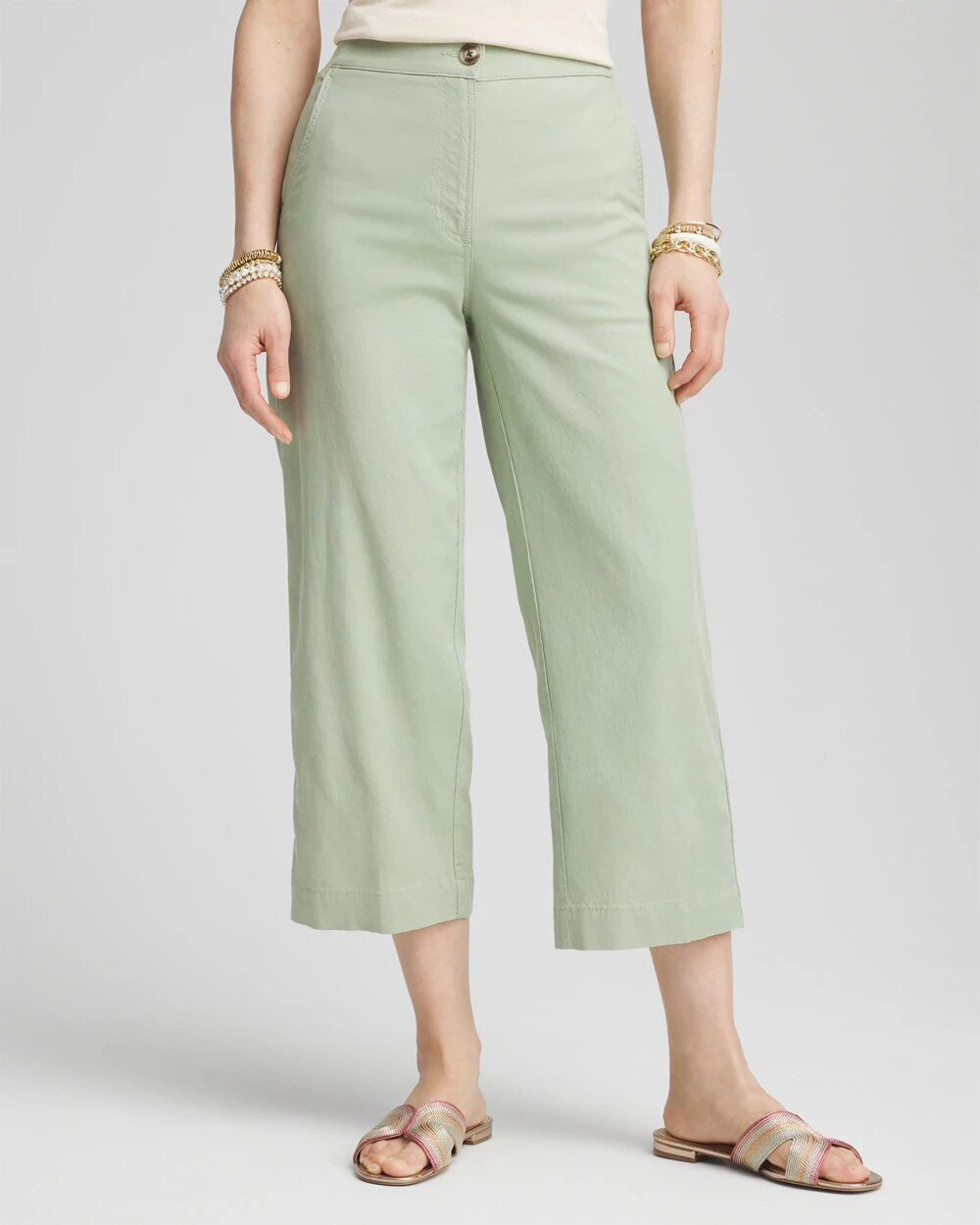 Ribbed Waist Linen Blend Straight-Leg Cropped Pants
