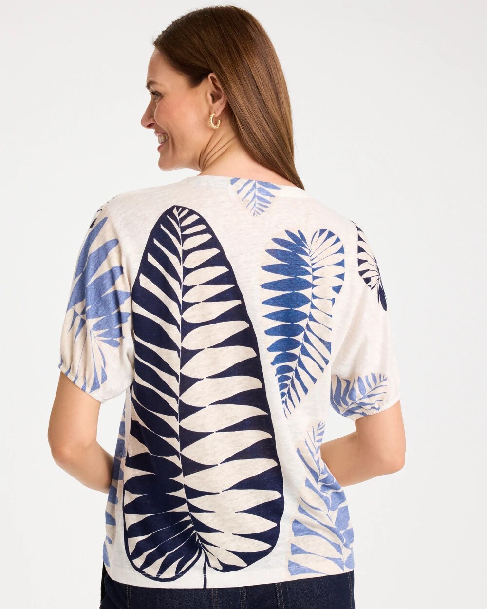 Leaf Print Linen Ruched V-Neck Tee