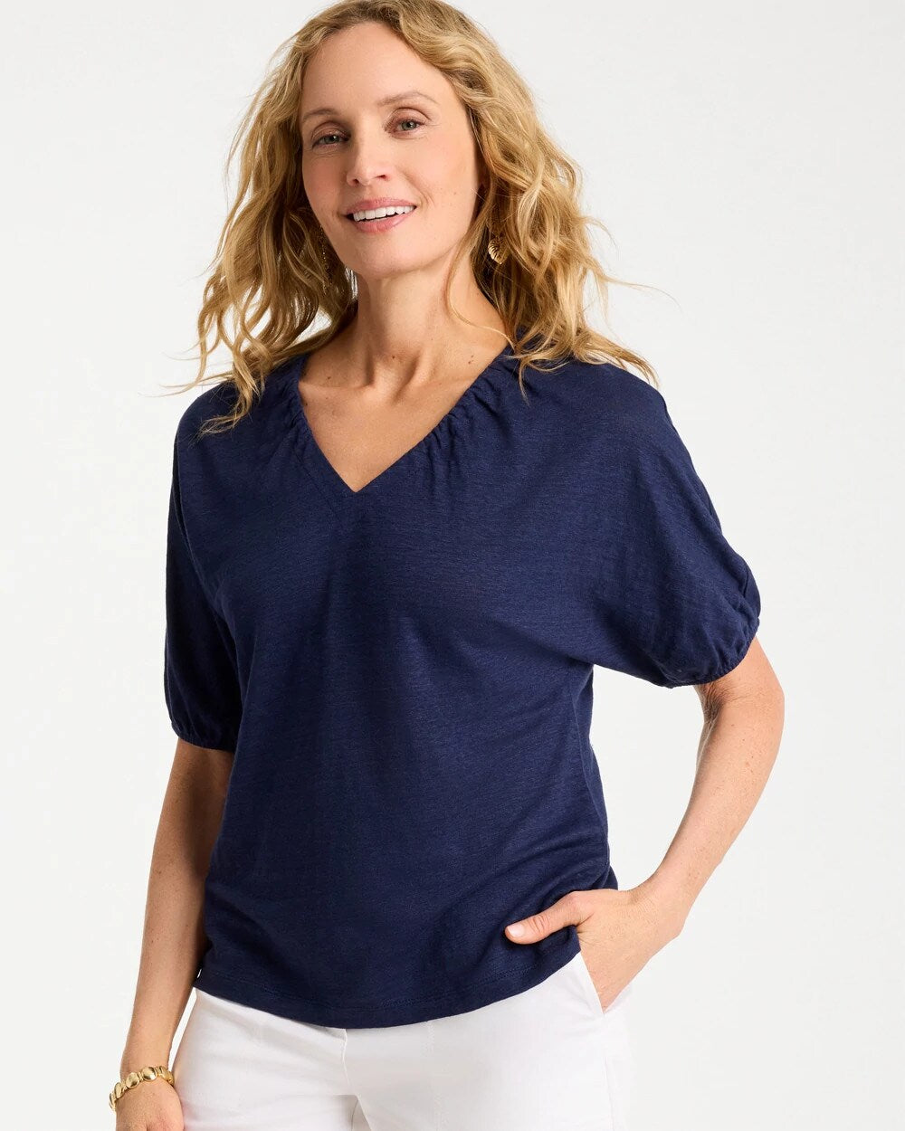 Linen Ruched V-Neck Tee