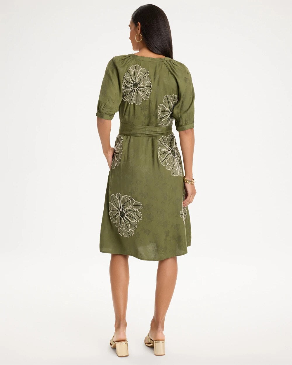 Embroidered Jacquard Belted Dress