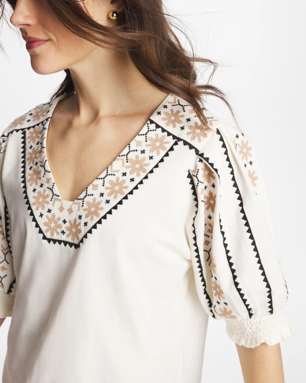 Embroidered Smocked-Sleeve Tee