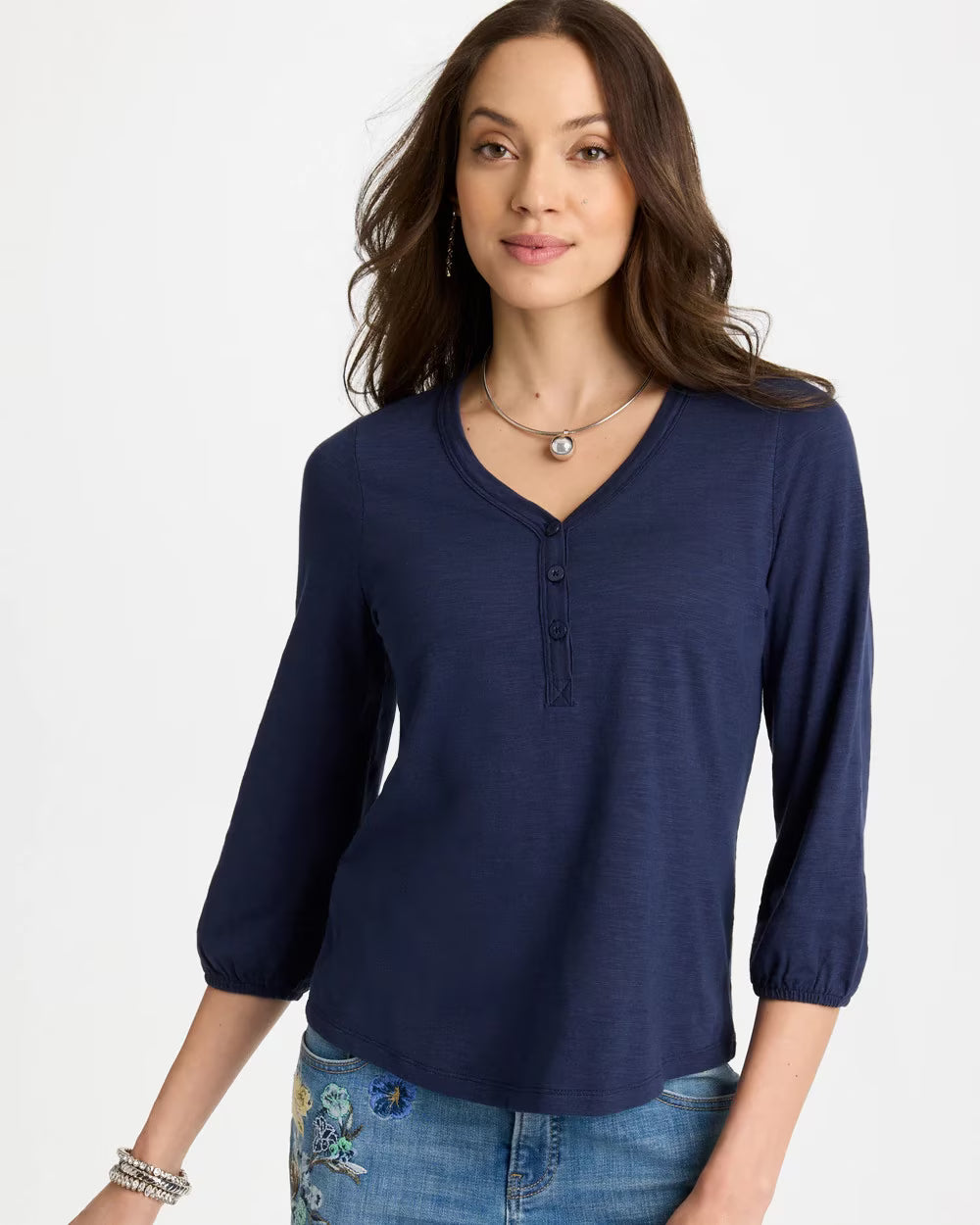 Puff Sleeve Cotton Slub Henley Tee