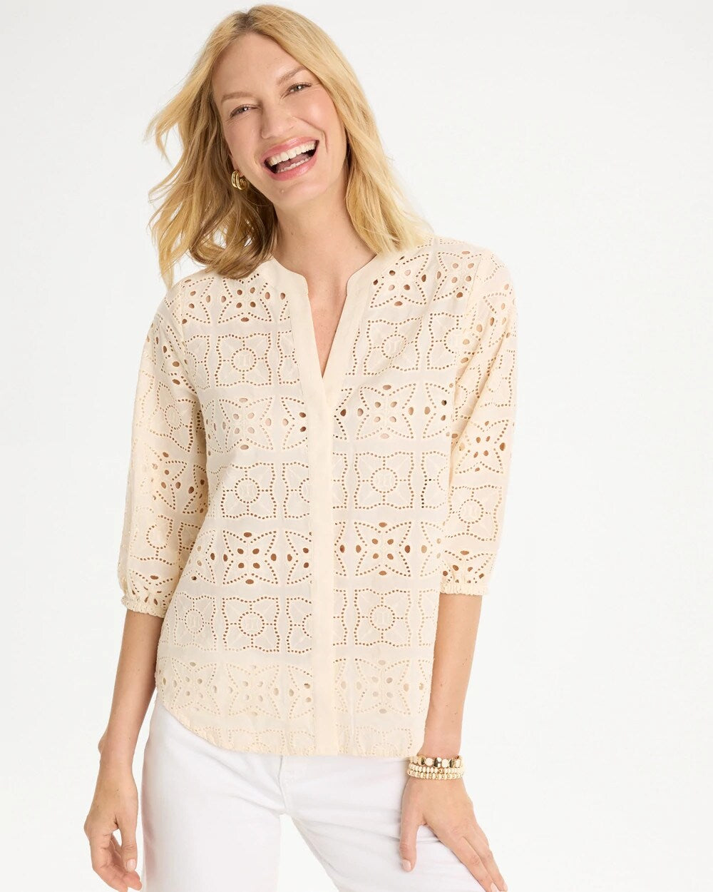 Cotton Geo Eyelet 3/4 Sleeve Blouse